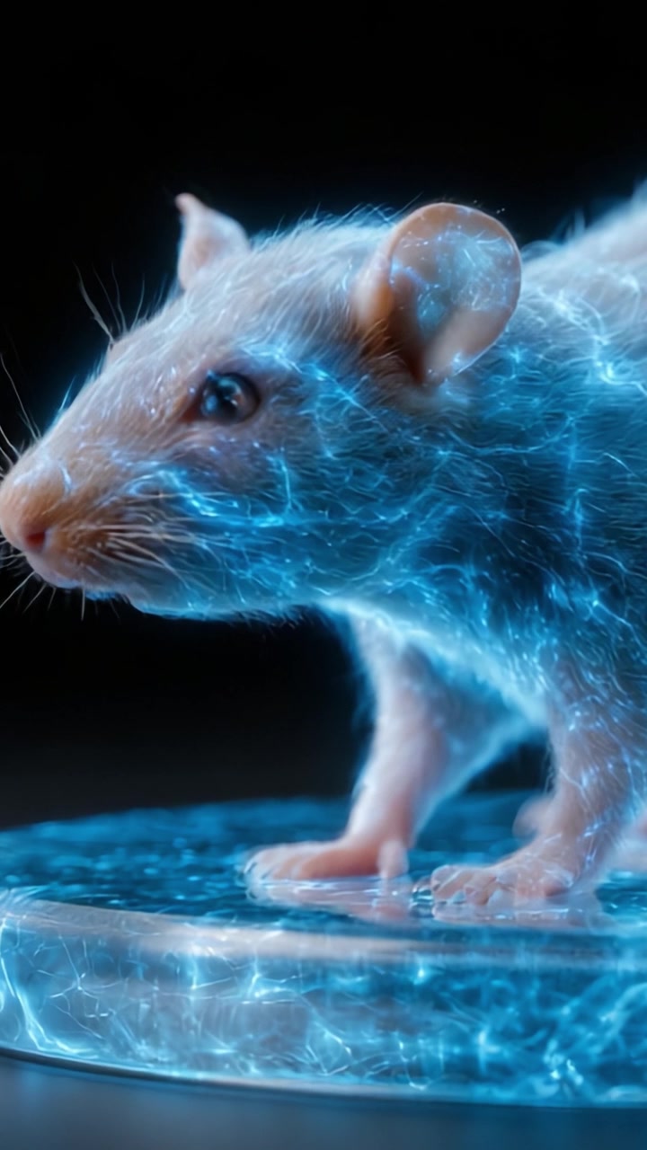 Una rappresentazione futuristica di un topo circondato da un'aura blu luminosa, che mostra concetti scientifici avanzati e tecnologia all'avanguardia in un'ambientazione affascinante.