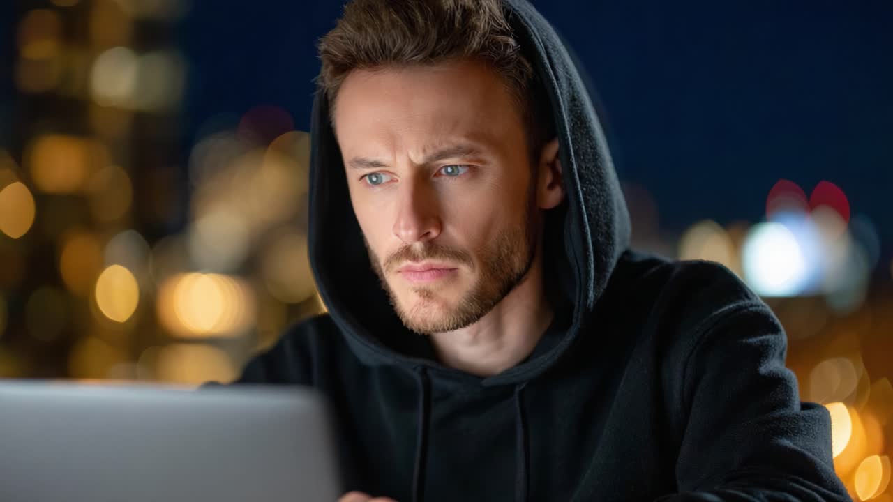 Focused Individual in a Hoodie Working Late at Night on a Laptop in a City Scene with Glowing Lights in the Background, Capturing Concentration and Determination