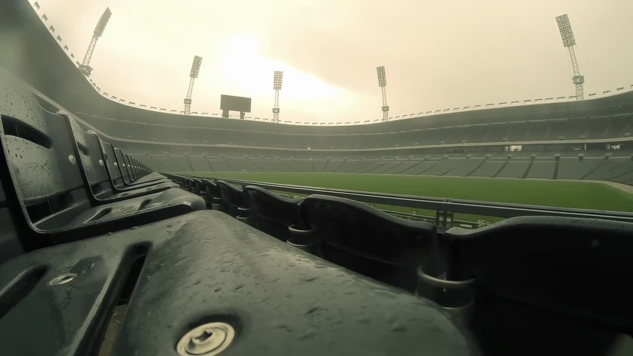 Video sudut lebar stadion kosong dengan kursi basah, menangkap suasana mendung yang muram