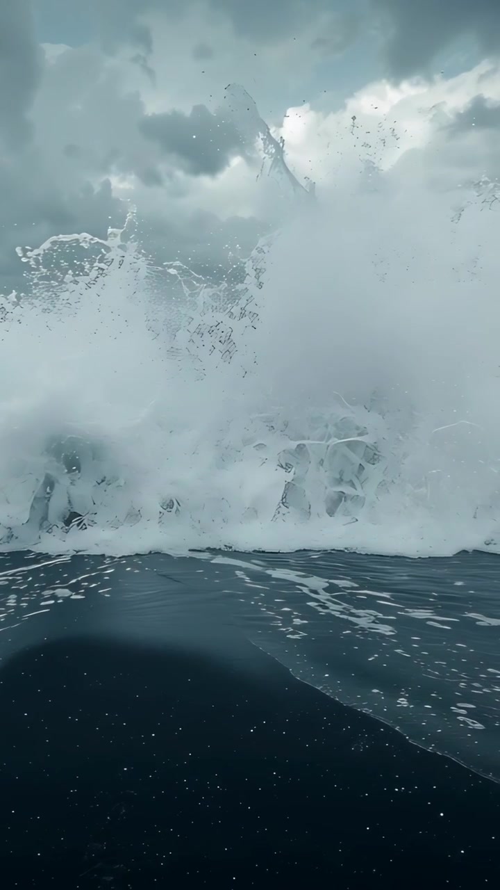 Vertical video: Surging ocean wave from wind curling, crashing into low water, foaming under clouds
