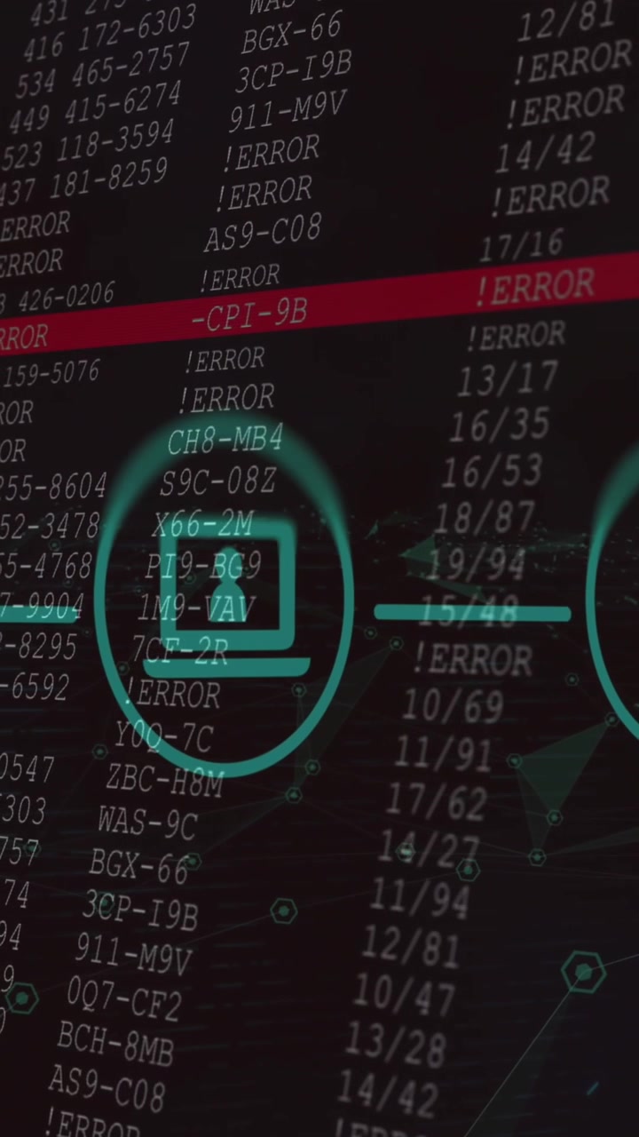 Animation of network of digital icons over data processing against black background