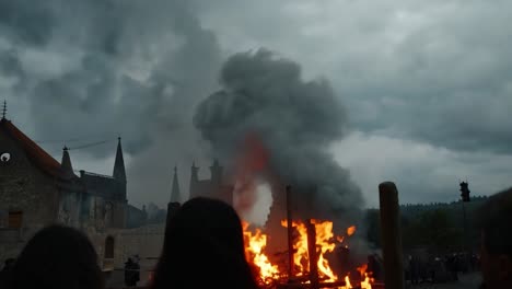 pira medieval en llamas: una multitud se reúne para presenciar el fuego