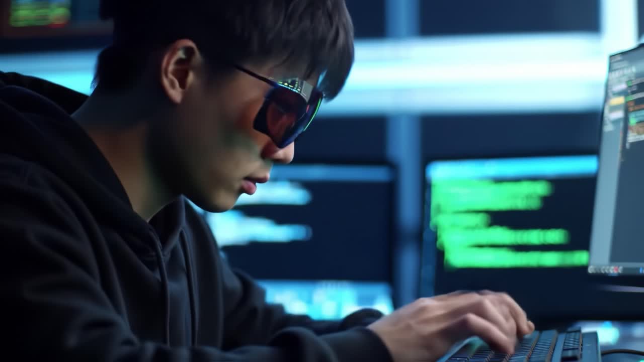 A Focused Individual Engaged in Cyber Activities: Exploring the Intricacies of Digital Manipulation and Programming within a High-Tech Environment