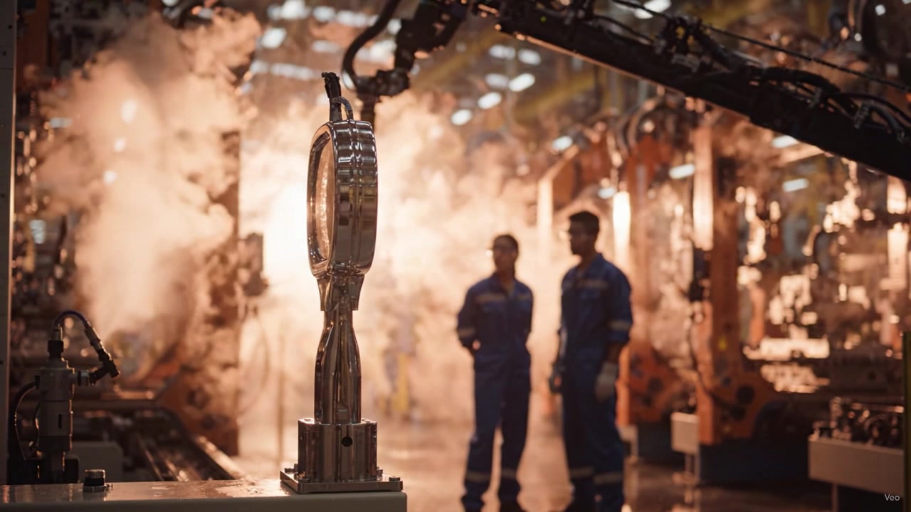 Automação Industrial e Tecnologia com Braços Robóticos e Trabalhadores em uma Fábrica Cercada por Vapor e Equipamentos