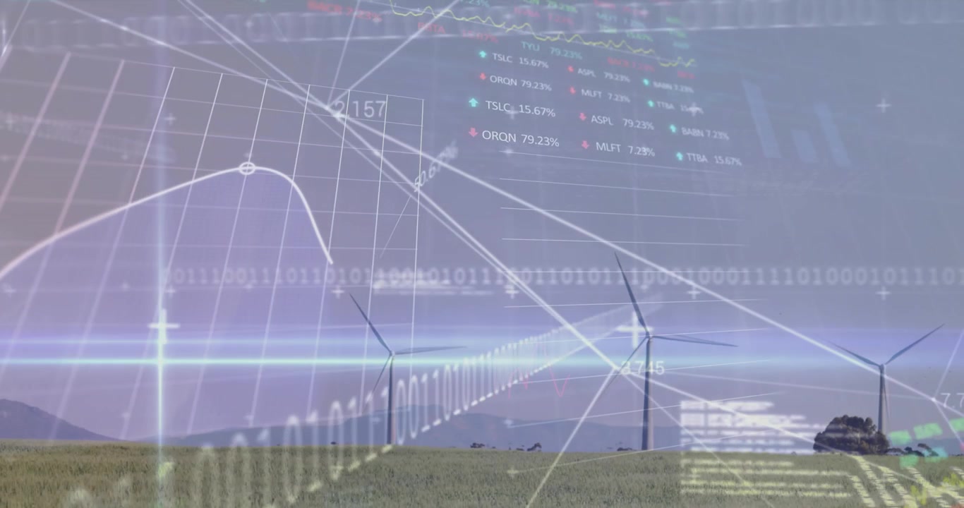 Animation of stock market data processing and blue light trail over spinning windmills on grassland