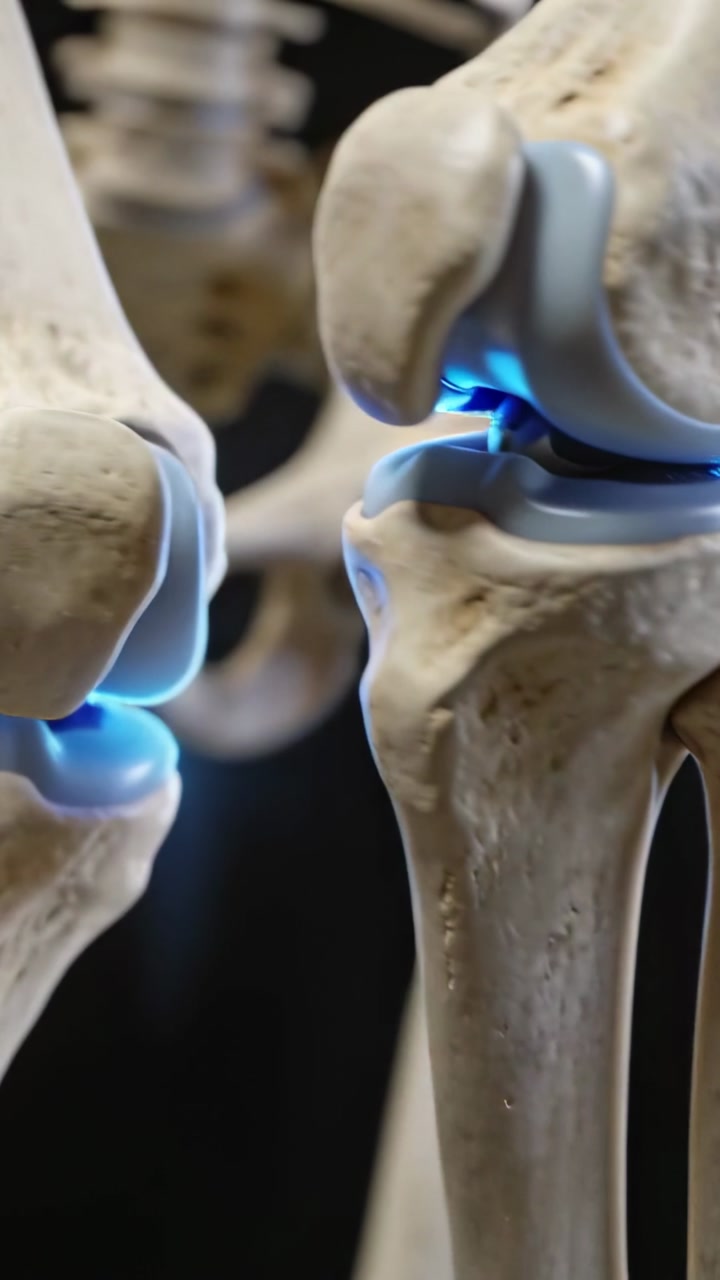 Vertical video: Camera receding knee joints flexing, blue coating showing medical implant motion