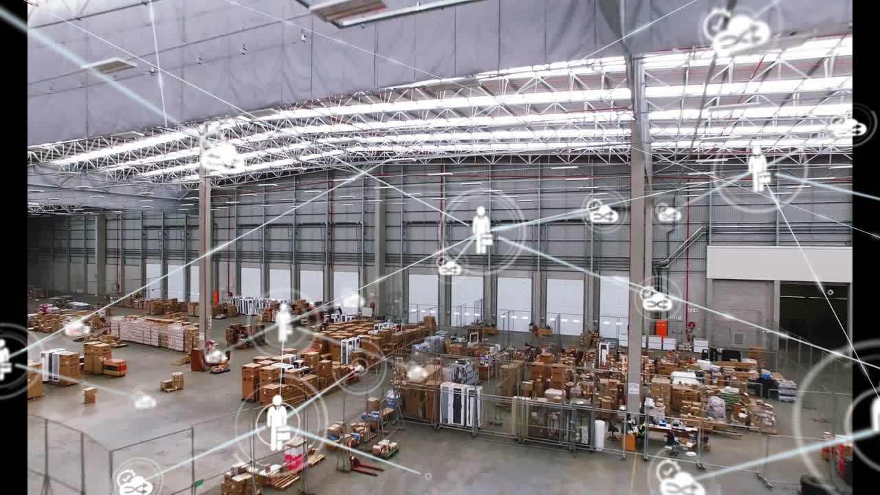 Logistica di magazzino e animazione di gestione dell'inventario su un grande impianto di stoccaggio.