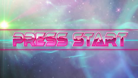 animación del texto de inicio de la prensa en letras metálicas sobre líneas rosadas y azules y universo