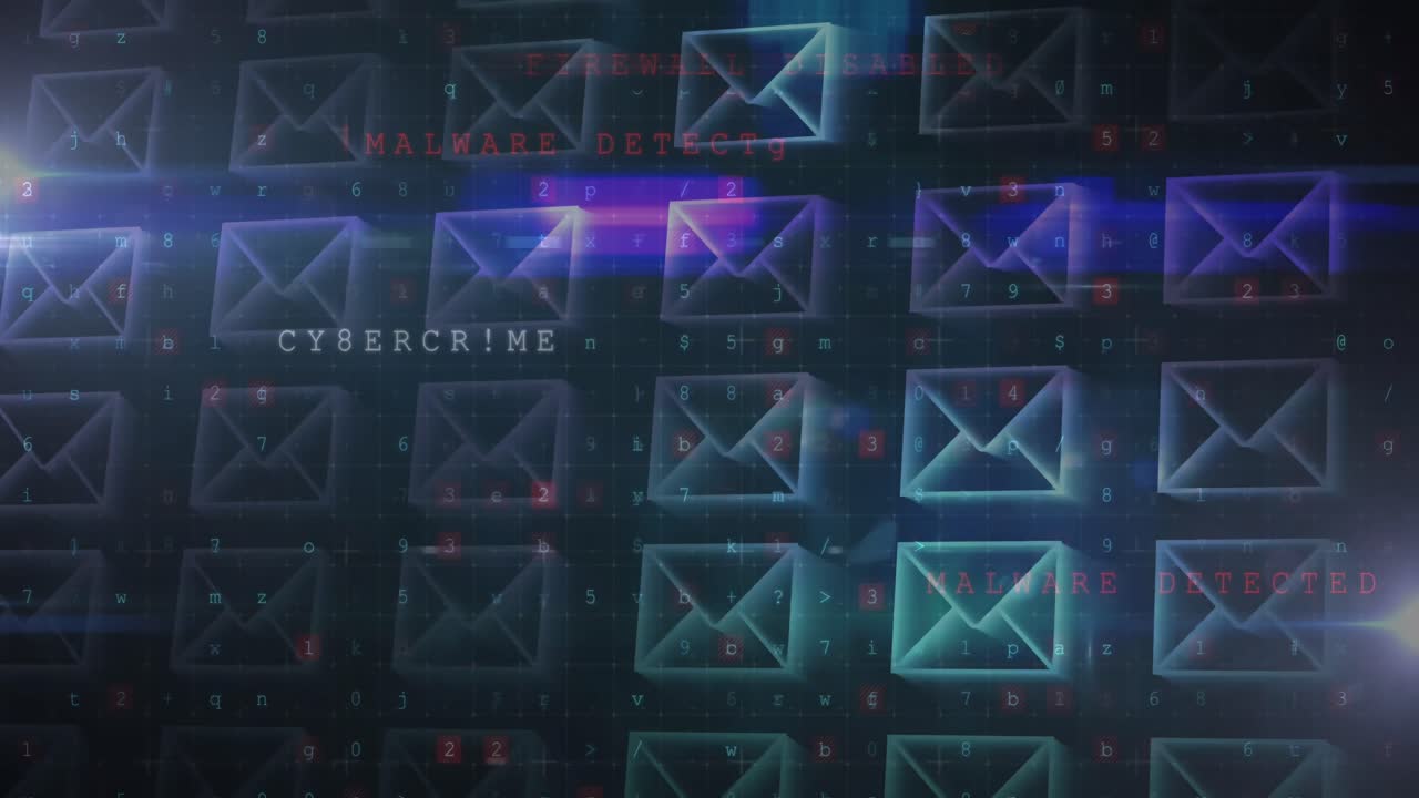 animación de palabras y números de ciberdelincuencia procesados en filas de sobres digitales