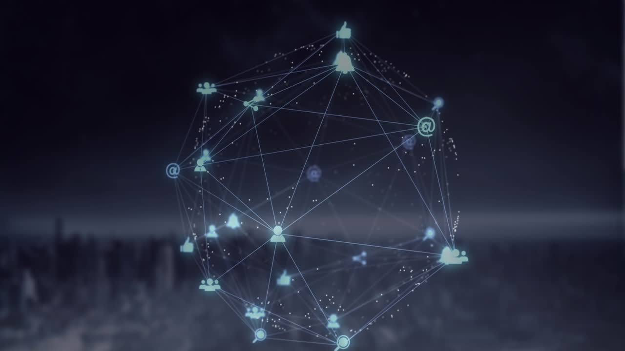 globo de iconos digitales contra el paisaje urbano