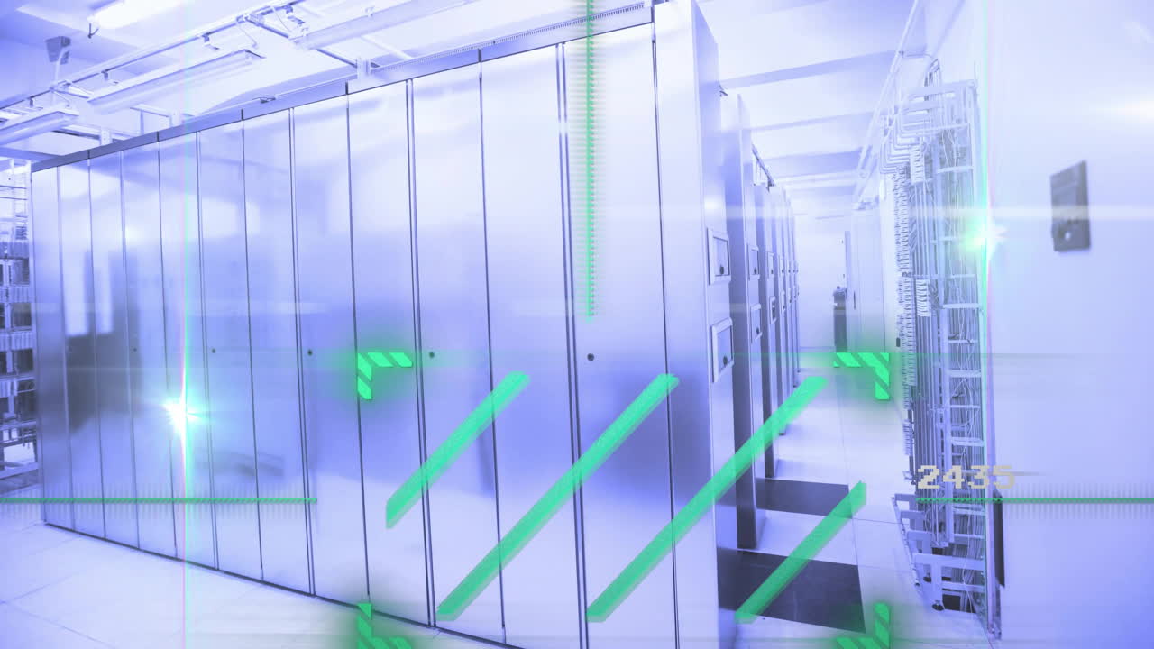Data processing animation over modern server room with glowing green lines