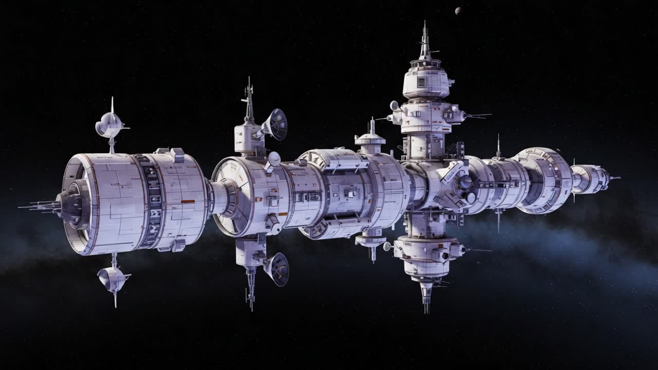 A Stunning Futuristic Space Station Orbiting in Deep Space: An Impressive Display of Advanced Technology and Design, Showcasing Humanity's Quest for Exploration Beyond Earth