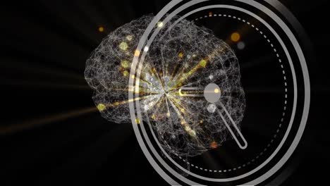 Animation-Des-Tickenden-Uhrensymbols-über-Dem-Sich-Drehenden-Menschlichen-Gehirnsymbol-Und-Gelben-Flecken-Auf-Schwarzem-Hintergrund