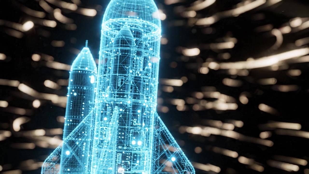 A futuristic holographic rocket spaceship launching into a spectacular digital space, shining with stunning light trails and a mesmerizing cosmic backdrop.
