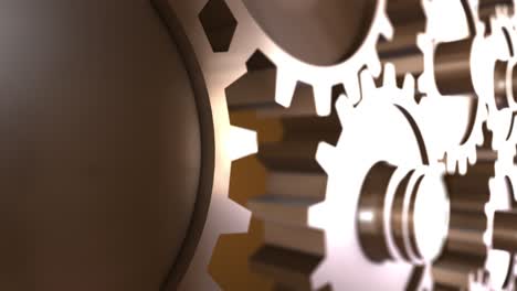 machinery in motion, closeup on slowly rotating golden metalic gears.