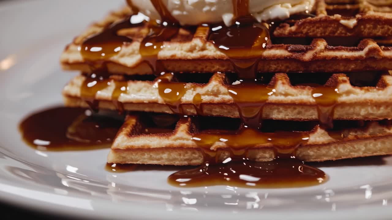 Close-up wafel dengan topping es krim vanila dan sirup. Wafel ditumpuk dengan sirup, es krim