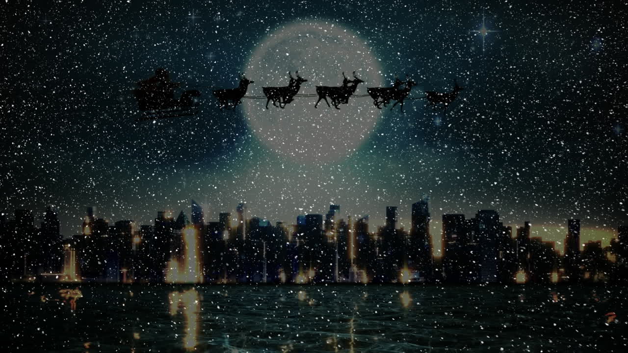 산타 매의 애니메이션과 밤에 내리는 눈 겨울 풍경