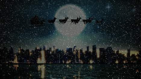 animation of santa sleigh and snow falling in night winter landscape