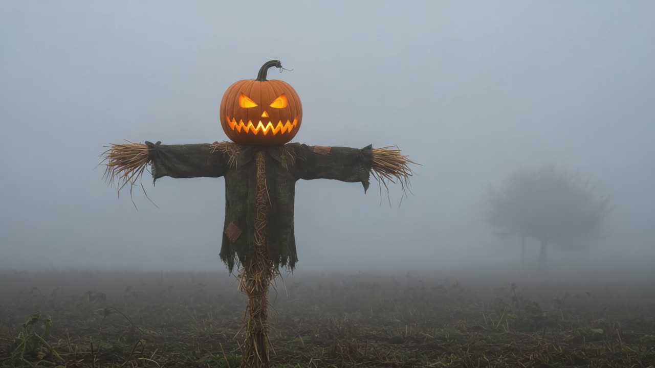 A Spooky Scarecrow with a Grinning Jack-O'-Lantern Head in a Foggy Field, Eerie Atmosphere Perfect for Halloween Celebrations and Fall Harvest Themes