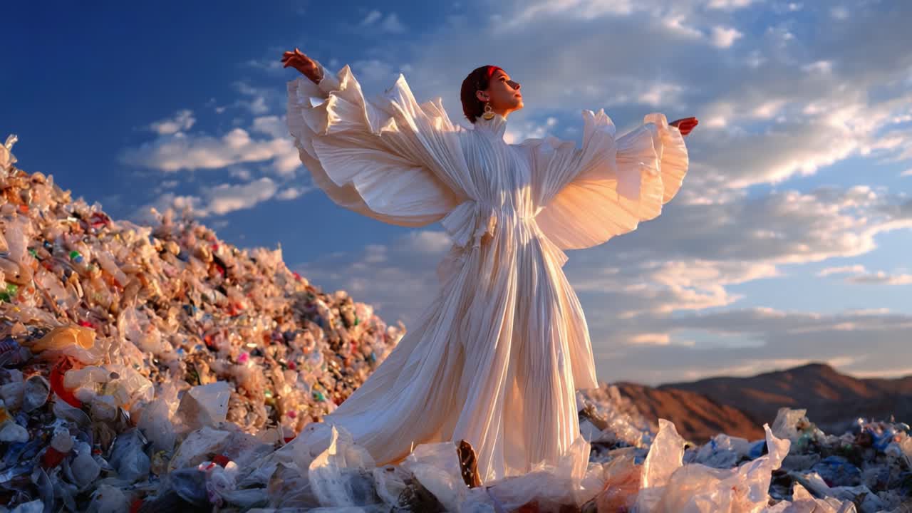 A stunning juxtaposition of beauty and environmental awareness, a figure in a flowing white gown stands triumphantly amidst a vibrant landscape of plastic waste, symbolizing hope for a cleaner planet
