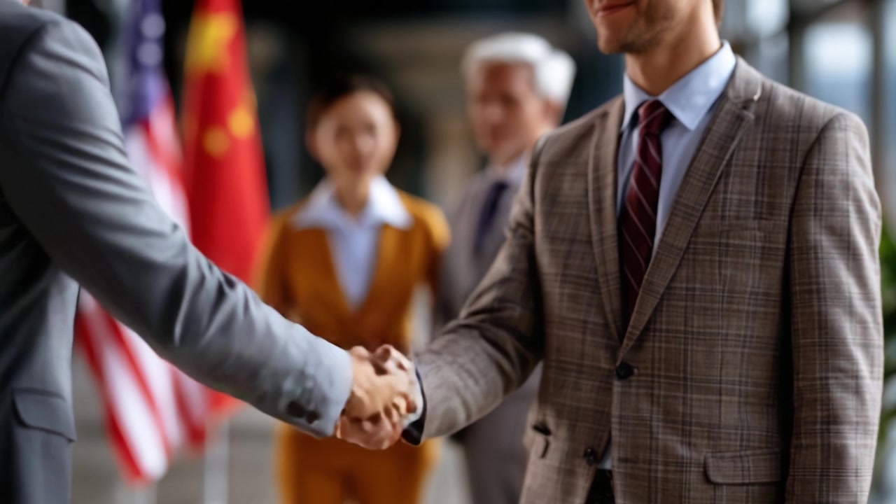 Accord scellé par une poignée de main entre des représentants d'affaires, signifiant la coopération et la compréhension mutuelle au sein des relations internationales entre les nations.