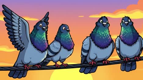 a vibrant sunset with cheerful pigeons gathering on a wire, displaying their colorful feathers and playful expressions against a beautiful sky