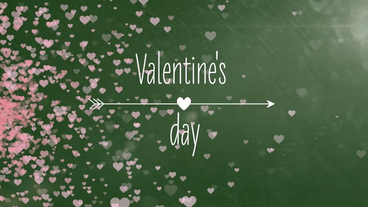 animación del texto del día de san valentín con signo de flecha y corazones rosados en fondo verde