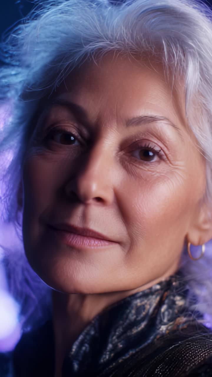 A graceful older woman with silver hair and a warm smile radiates wisdom and elegance in a vibrant, colorful background, capturing beauty and strength in her expression