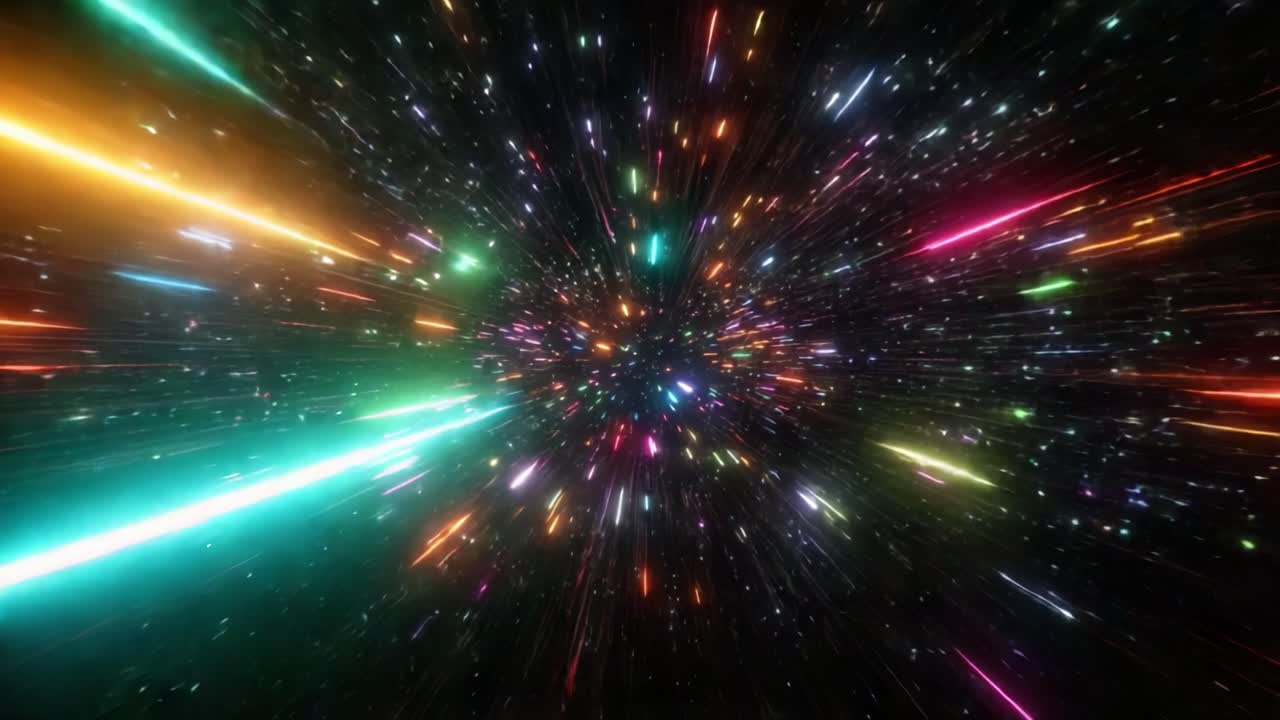Esplosione vivida di raggi di luce colorati in una scena spaziale cosmica, che crea un'esperienza visiva dinamica ed energica che cattura l'essenza del movimento e dell'infinito.