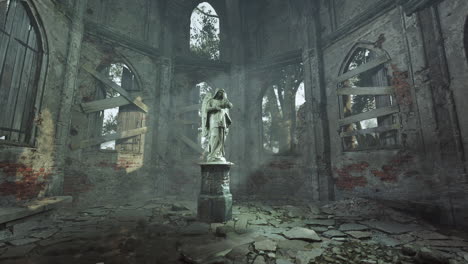 an angel statue stands in a ruined church