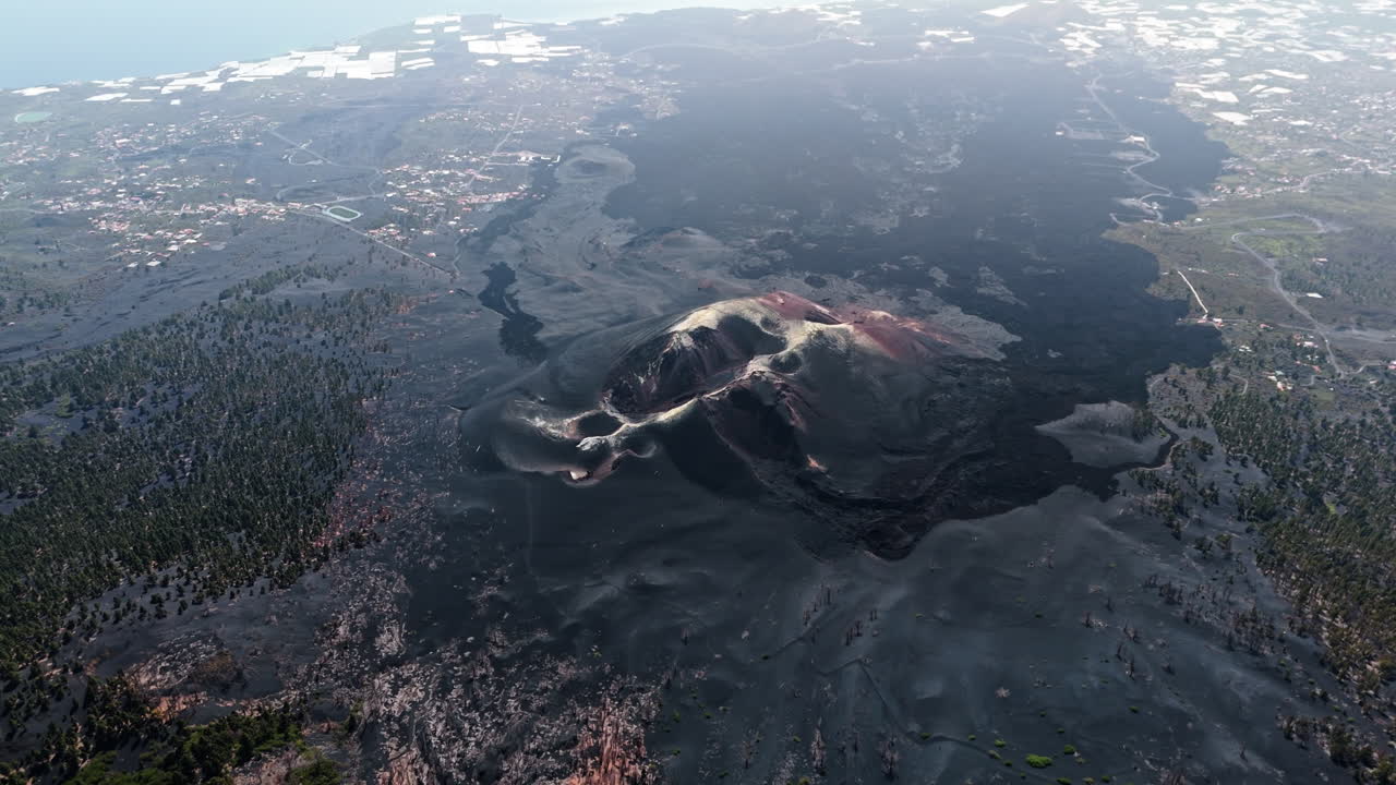 Aerial view of extinct Cumbre Vieja volcano, serene La Palma landscape