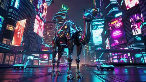 futuristic robot camel in a cyberpunk city at night