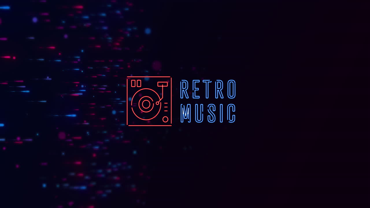Animation af retromusiktekstbanner over glødende blå og lyserøde partikler mod sort baggrund