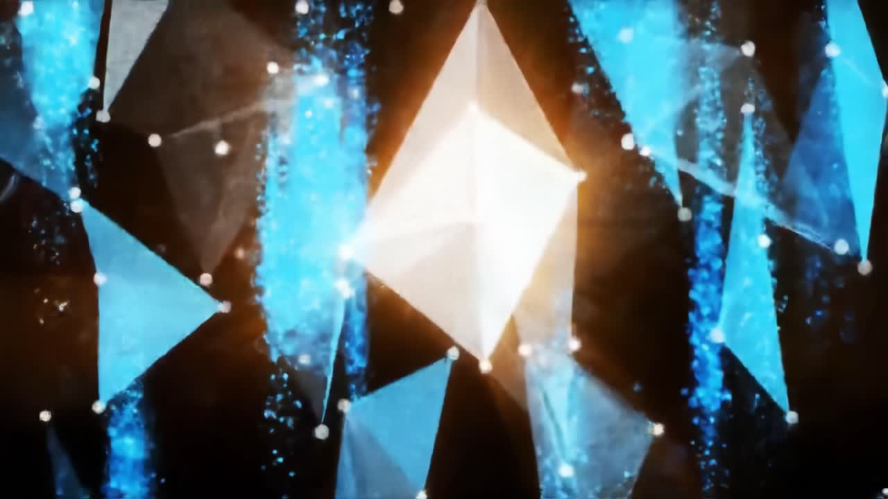 Dynamic geometric shapes in shades of blue and orange dance across the dark background, creating a mesmerizing visual display. Patterns emerge and shift, captivating viewers with every movement.