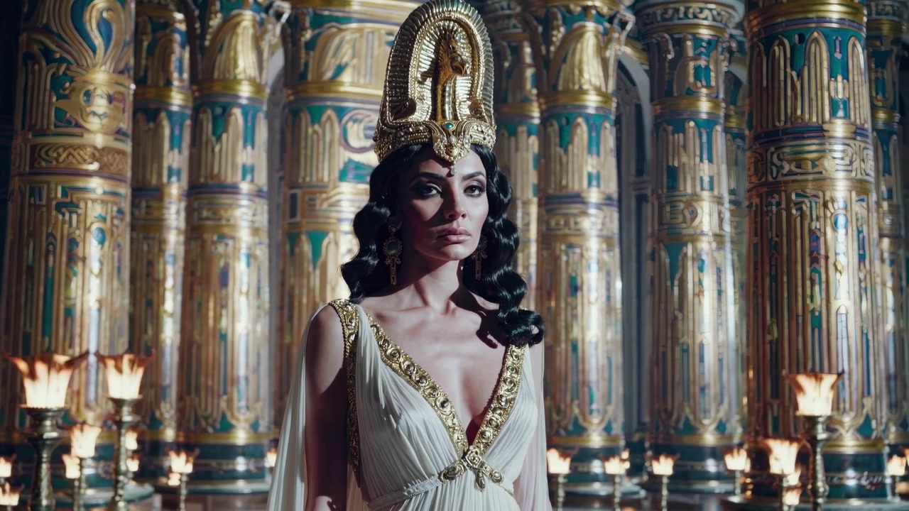 Majestetisk dronning med gullkrone poserer i et gammelt egyptisk tempel