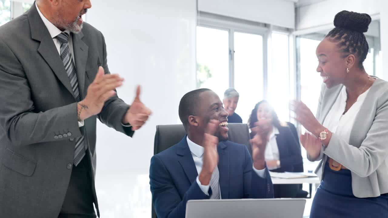 Happy business people, laptop