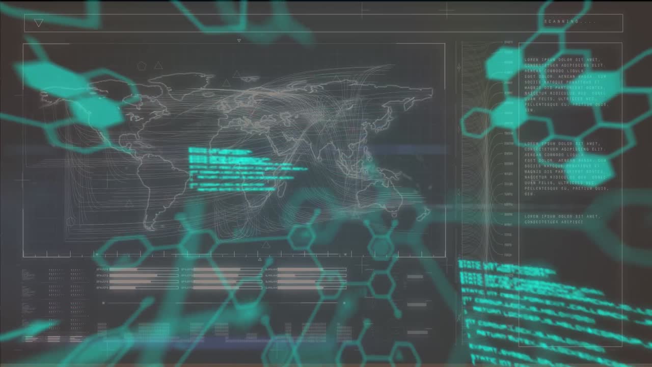 블랙 배경의 세계 지도와 디지털 인터페이스를 통해 화학 구조 및 데이터 처리