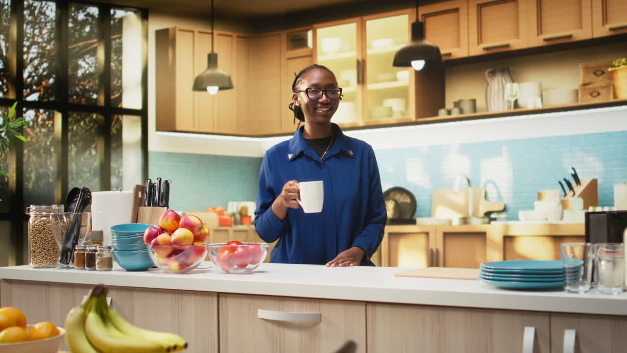 Portrait of African American person serving a healthy breakfast with pastry