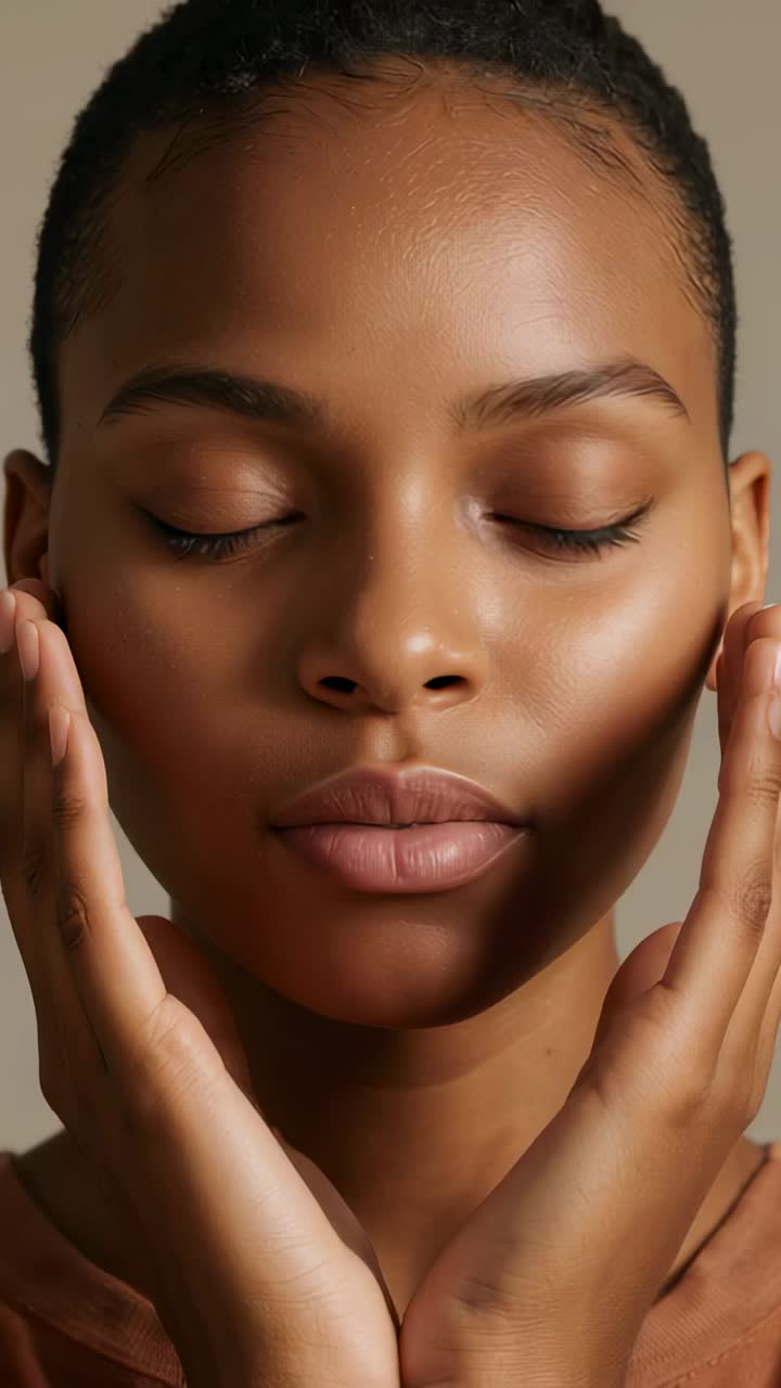 Vídeo vertical: abrindo os olhos após sinal luminoso, modelo sorrindo em estúdio de beleza, mãos emoldurando o rosto