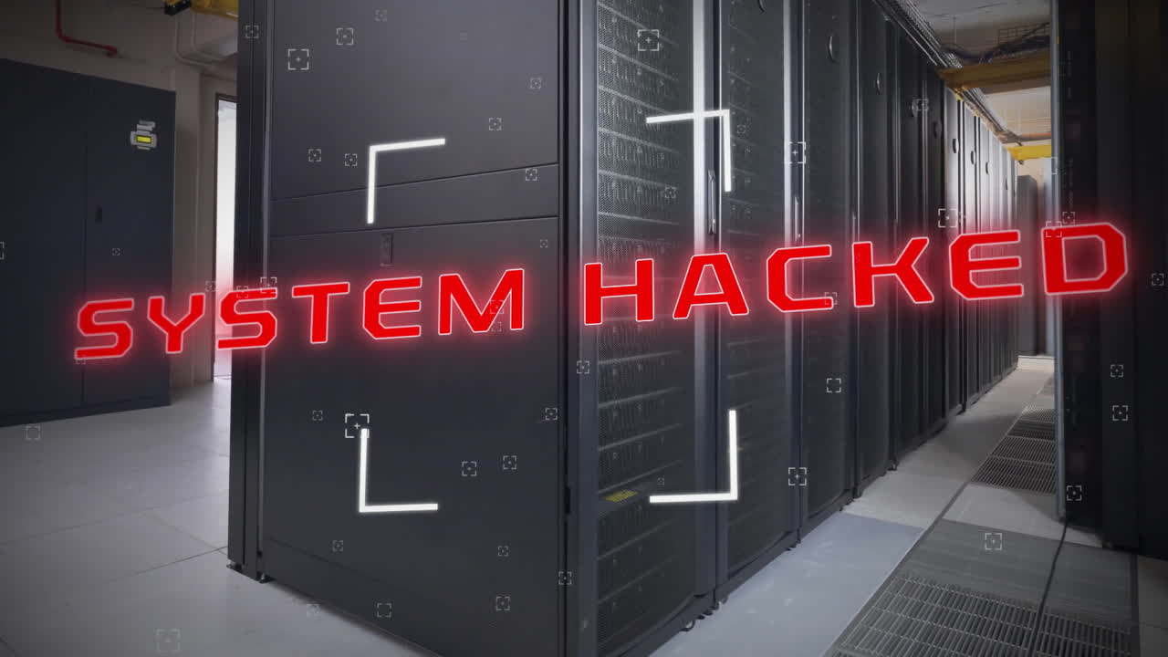Animation of system hacked text and digital data processing over computer servers