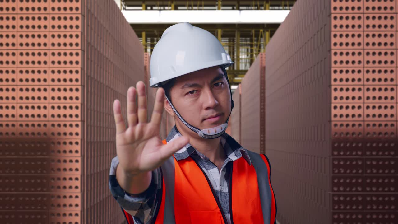 Close Up Of Asian Male Engineer With Safety Helmet Disapproving With No Hand Sign While Standing With Red Brick Packed in Stacks Are Stored