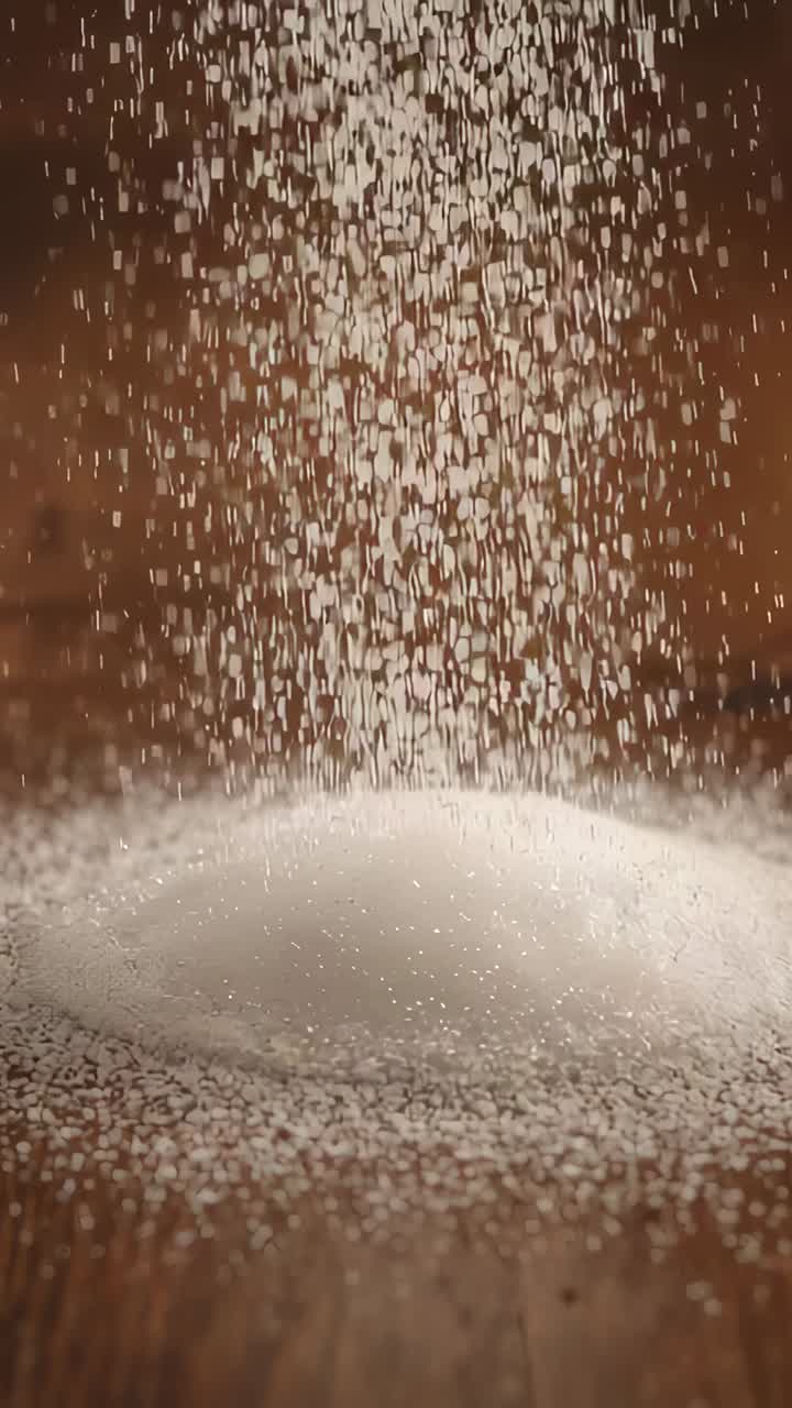 Vertical video: Pouring offframe sifter releasing fine sugar onto wooden table forming small cone