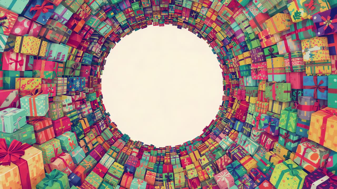 Animating circular wall of wrapped presents rotating to reveal patterned faces around pale opening