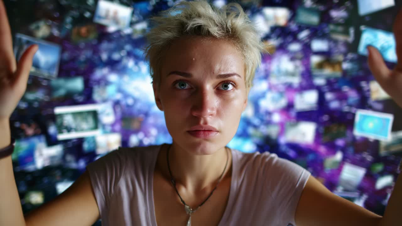 Exploring the Boundaries of Perception: A Young Woman Surrounded by an Infinite Array of Imagery, Capturing the Essence of Thought and Emotion Against a Cosmic Background