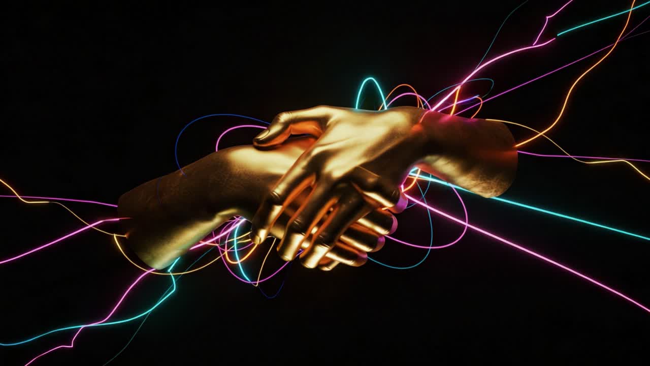 A Stunning Fusion of Light and Connection: Two Golden Hands Intertwined Amidst a Vibrant Display of Colorful Energy and Movement
