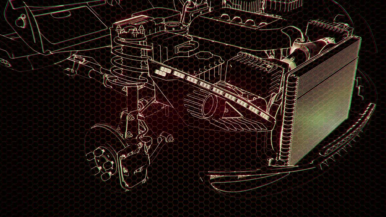 엔진이 있는 3d 와이어프레임 자동차 모델의 홀로그래픽 애니메이션