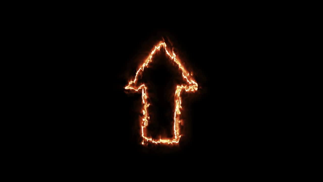 flecha hacia arriba - signo de fuego. video 4k. efecto de fuego, fondo negro