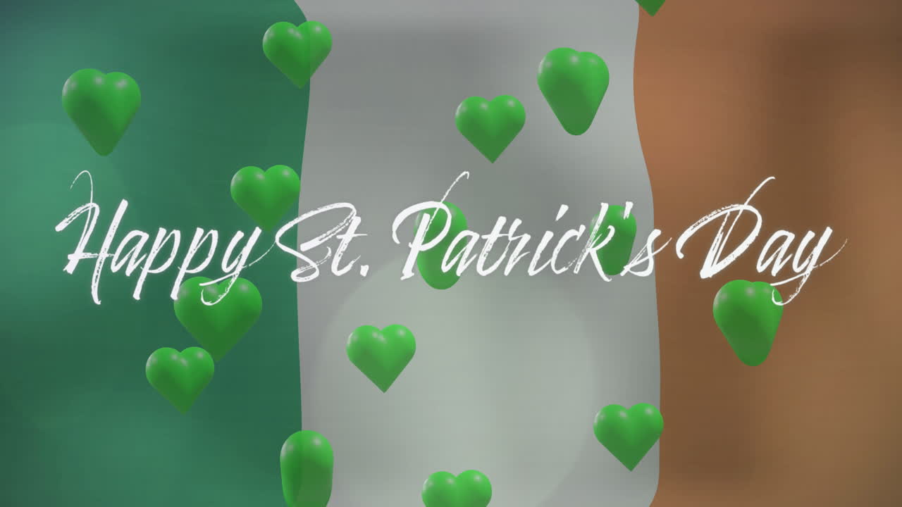Animazione di testo del Giorno di San Patrizio e cuori verdi con sfondo della bandiera irlandese