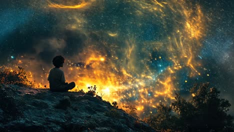 boy meditating under a vibrant cosmic sky at twilight