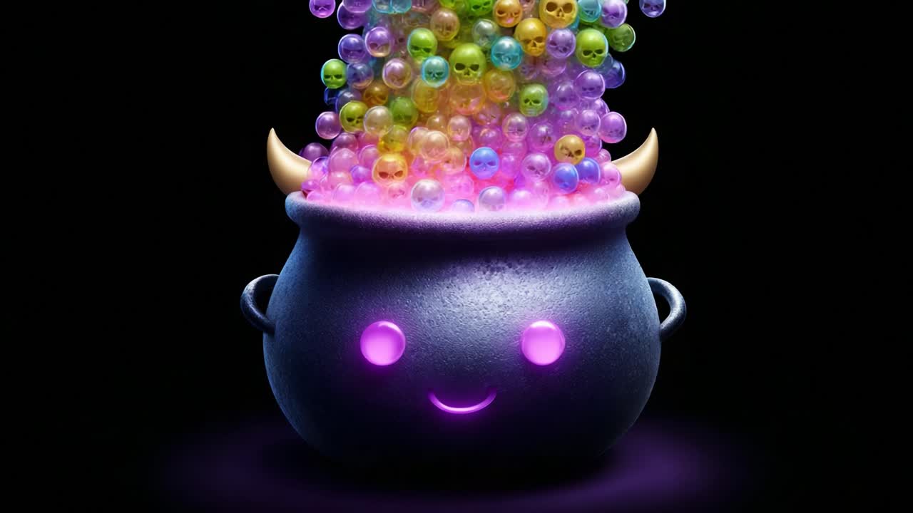 A Whimsical Cauldron Full of Colorful Bubbles, Smiley Skulls, and Playful Spirits, Creating a Fun Fantasy Atmosphere in a Mysterious Dark Setting